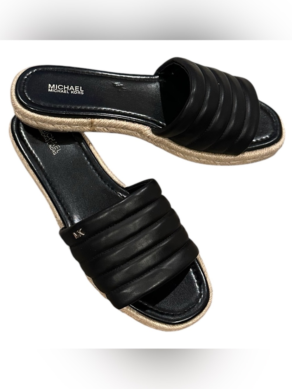 Michael Kors royce quilted black leather jute espadrilles summer vacation sandal